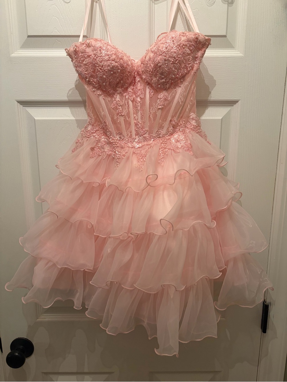 Pink Ruffled Lace-Up Homecoming Dress